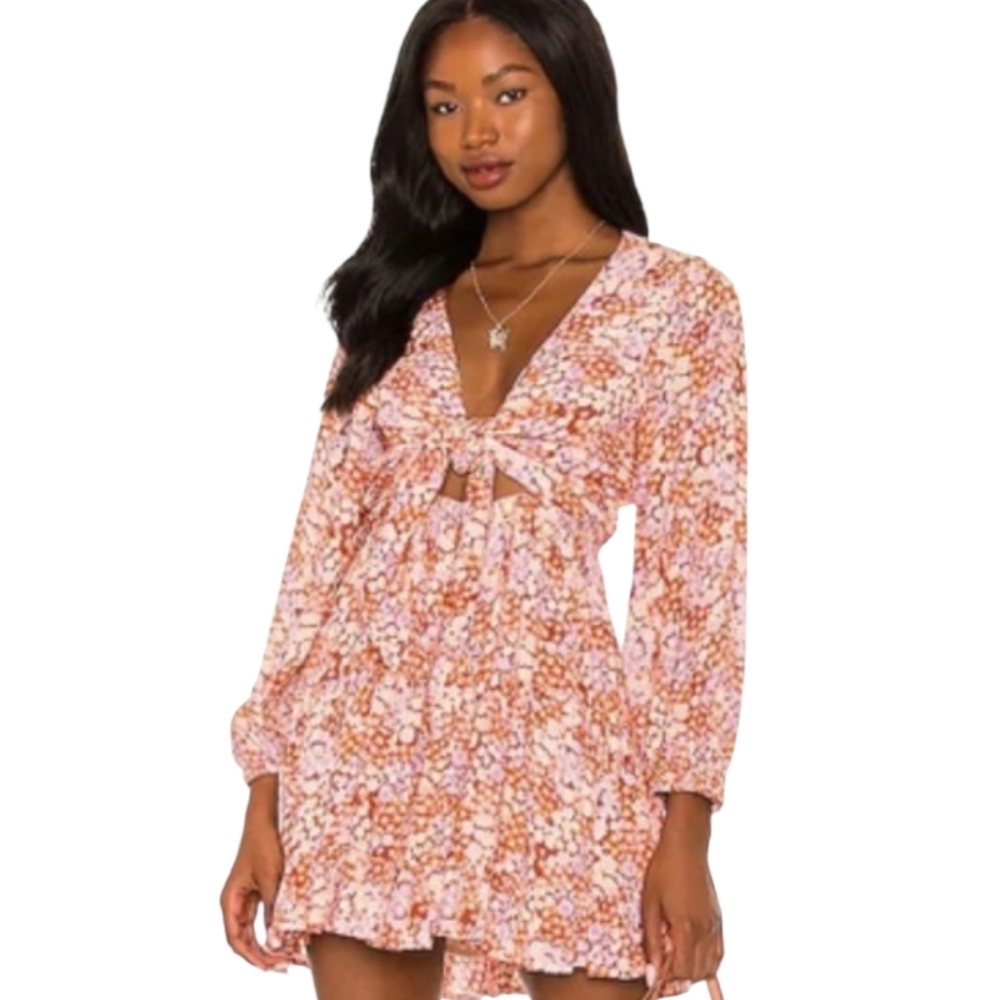 NWT L*SPACE Stay Golden Ditsy Floral Print Cut Out Tie Front Tiered Mini Dress L - Picture 10 of 10